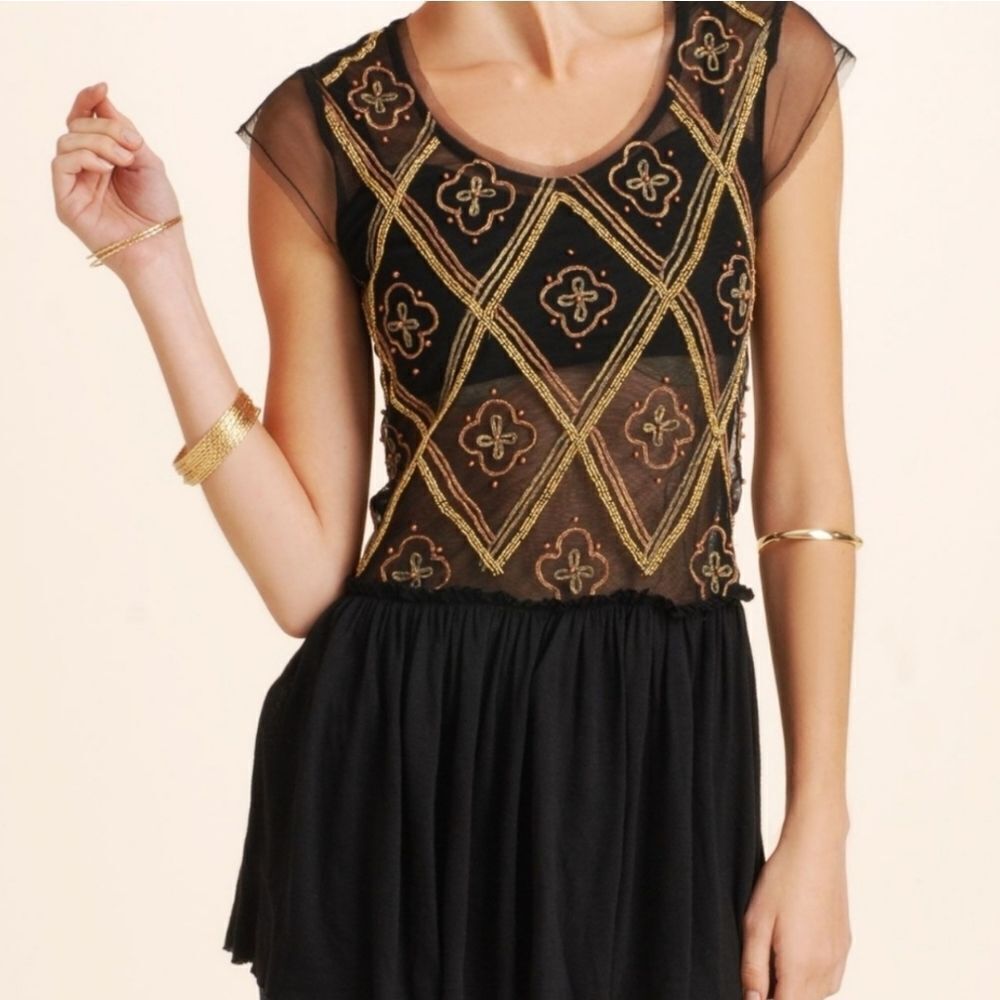 FREE PEOPLE‎ black beaded sheer holiday to India peplum top tinic XS